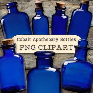 Clipart de bouteilles d'apothicaire bleu cobalt, téléchargements d'images numériques, bouteille en verre antique vierge, collage, album de coupures, journal indésirable, création artistique