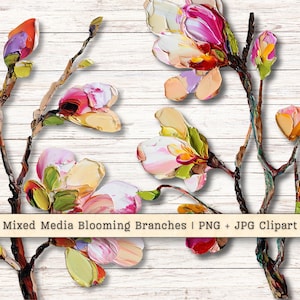 Puede incluir: Obra de arte en técnica mixta de ramas florecientes con pinceladas texturizadas. Las flores son en tonos rosa, amarillo y naranja, sobre un fondo blanco con vetas de madera. La imagen incluye el texto "Mixed Media Blooming Branches | PNG + JPG Clipart."