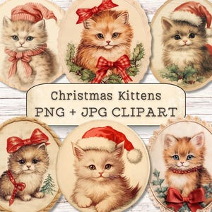 Clipart de Noël chatons, illustrations d'écussons de chat antiques, collage éphémère, scrapbooking, journal indésirable, travaux manuels en papier, fabrication de cartes pour les fêtes