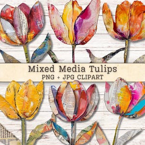 Mixed Media Tulip Flowers Clipart, Grunge Texture Distressed PNG + JPG Instant Download, Painterly Collage Style Junk Journal Digital Supply