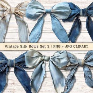 May include: Set of three vintage blue silk bows with frayed edges. The bows are tied in a classic style and have a rustic, distressed look.