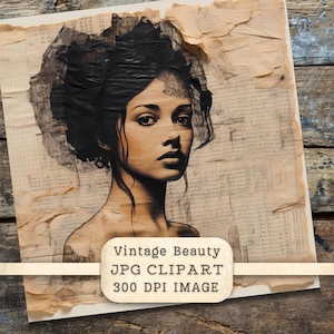 May include: A vintage-style digital illustration of a woman with dark hair and a veil. The image is set against a background of old, textured paper with handwritten text. The text at the bottom of the image reads "Vintage Beauty JPG CLIPART 300 DPI IMAGE".