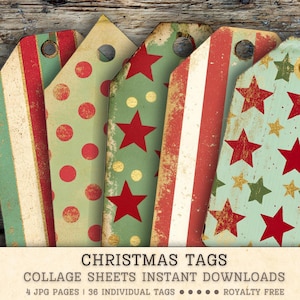 Etiquetas navideñas, hojas de collage vintage desgastadas, imágenes de diario basura en rojo y verde intenso, descarga instantánea, creación de tarjetas navideñas