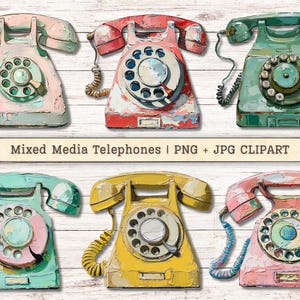 Mixed Media Telephones Clipart, Grunge Paint Texture Distressed PNG + JPG Instant Download Retro Collage Style Junk Journal Digital Supplies