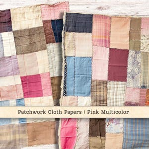 Patchwork Cloth Digital Paper, Sewn Thread Mixed Media, Pink Colorful Printable Vintage Junk Journal Background, Scrapbook Instant Download