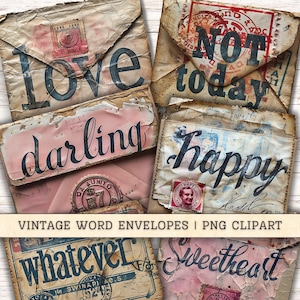 Sobres vintage de Word PNG, descarga digital, suministros para diarios basura, fondos de collage, álbumes de recortes, texto antiguo, divertidos efímeros para diarios.