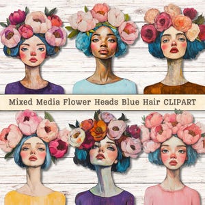 Clipart de cabeças de flores em mídia mista, mulheres e meninas peculiares com cabelo azul, textura grunge desgastada para download instantâneo, colagem de diário digital