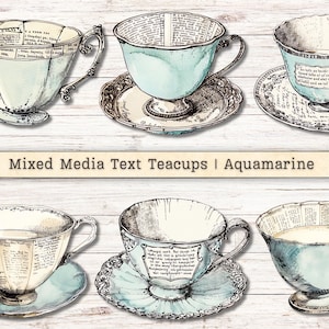 Mixed Media Teacups Clipart, Grunge Text Textured Distressed PNG + JPG Instant Download, Aquamarine Blue Collage Junk Journal Digital Supply