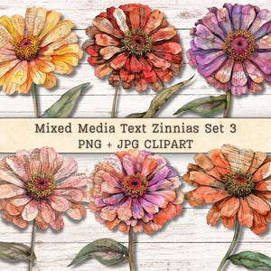 Pode incluir: Seis flores de zínia com sobreposições de texto em técnica mista em tons de amarelo, laranja, vermelho e roxo. Cada flor apresenta pétalas em camadas com texto impresso, um centro texturizado e um caule verde com folhas. O texto diz: Mixed Media Text Zinnias Set 3 PNG + JPG CLIPART.