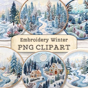 Op de afbeelding: Vijf geborduurde winterse taferelen in ronde hoepels. Elk tafereel toont een besneeuwd landschap met bomen, een kronkelend pad en een klein huisje. De taferelen zijn allemaal in tinten blauw, wit en bruin.