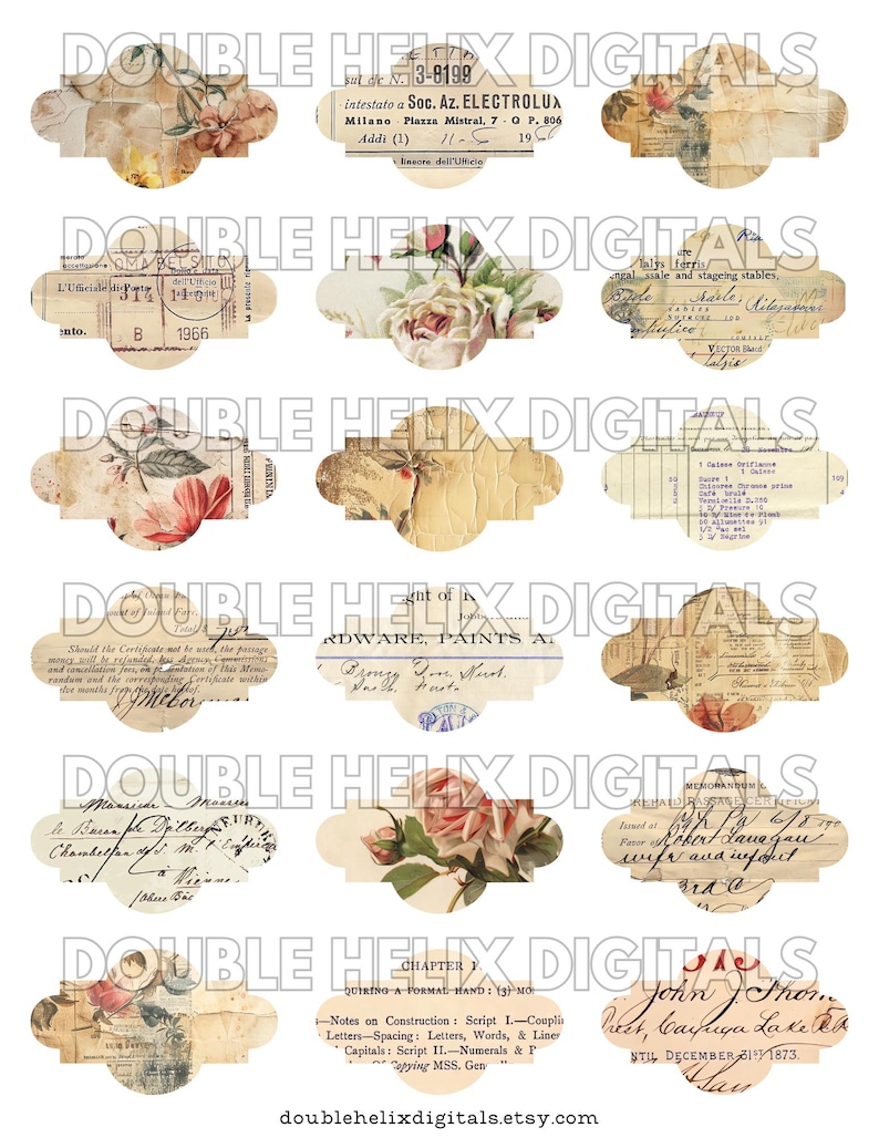 Vintage Ephemera Labels Clipart, Text & Roses Fussy Cuts JPG Instant ...