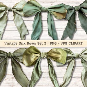 Clipart de laços de seda vintage, conjunto de 2 downloads digitais em PNG, colagem de retalhos antigos para scrapbooking, diário de sucata, imagem para impressão em papel artesanal verde