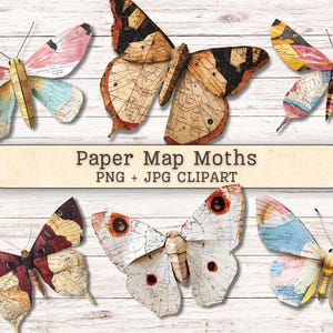 May include: A collection of digital moth illustrations crafted from vintage map paper, featuring various wing patterns in shades of brown, cream, blue, and pink, with the text Paper Map Moths PNG + JPG CLIPART centered on the image.
