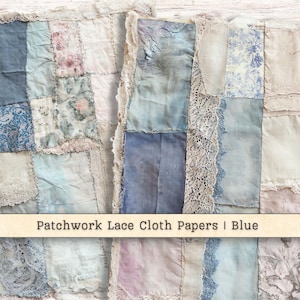 Patchwork Lace Cloth Digital Paper, Sewn Silk Thread Mixed Media, Blue Printable Vintage Junk Journal Background, Scrapbook Instant Download