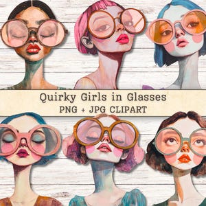 Op de afbeelding: Waterverf clipart met zes gestileerde portretten van vrouwen met oversized, ronde brillen. Elke vrouw heeft een unieke haarstijl en kleurenpalet, met de tekst "Quirky Girls in Glasses PNG + JPG CLIPART" onderaan.