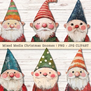 Natal Gnomos Clipart, Mixed Media Vintage Collage, Quirky Cute Scrapbooking Junk Journal, Paper Crafts, Holiday Cardmaking PNG Downloads