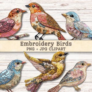 Op de afbeelding: Zes kleurrijke borduursels van vogels in roze, blauw, geel en oranje. De vogels zijn versierd met pailletten en bloemmotieven. De tekst "Embroidery Birds PNG + JPG CLIPART" is ook aanwezig.