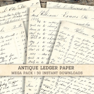 Antikes handgeschriebenes Ledger-Papier, bedruckbare Vintage-Digital-Download Junk-Journal-Versorgung, Collage-Hintergründe, Sammelalbum, 1800er Jahre alte Ephemera