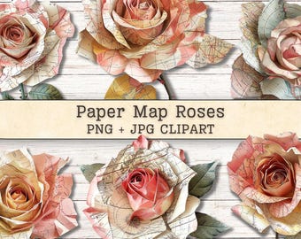 Puede incluir: Seis rosas elaboradas con mapas de papel antiguos en tonos rosa, beige y crema con líneas y texto cartográfico visibles. Una banda central muestra el texto Paper Map Roses PNG + JPG CLIPART en una fuente serif oscura.