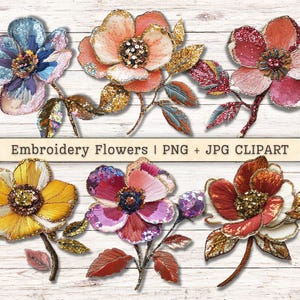 Clipart de flores bordadas, download digital de arte popular costurada, suprimentos para diário com lantejoulas brilhantes e brilhantes, fundos de colagem para scrapbooking