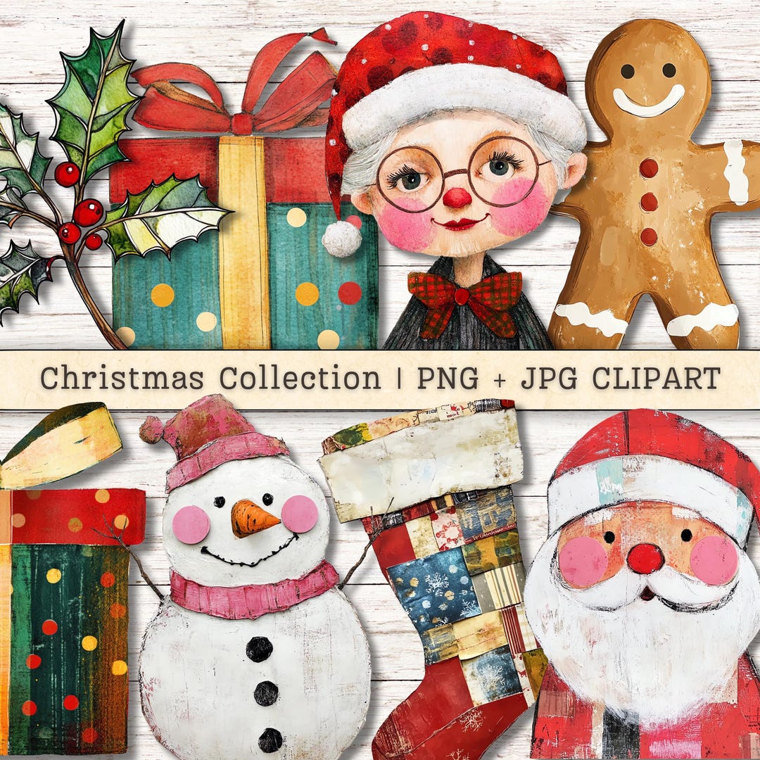 Christmas Collection Clipart, Mixed Media Santa Snowman Collage ...