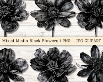 Puede incluir: Seis imágenes prediseñadas de flores negras de técnica mixta con textura de impresión de periódico. Las flores están dispuestas sobre un fondo de madera blanca. Se muestra el texto "Mixed Media Black Flowers | PNG + JPG CLIPART".