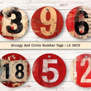 Grungy Red Number Circle Tags Clipart, Texture Fussy Cuts JPG Instant Download, Shabby Chic Collage Scrapbook Junk Journal Digital Supplies