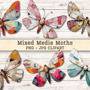 May include: A collection of six moth illustrations featuring mixed media textures, vibrant paint splatters, and collage elements in shades of pink, orange, yellow, and blue. The text Mixed Media Moths PNG + JPG CLIPART is centered in the middle.