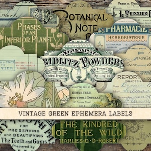 Vintage Green Ephemera Labels Clipart, Text Fussy Cuts JPG Instant Downloads, Shabby Chic Collage Scrapbook Junk Journal Digital Supplies