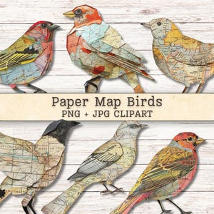 May include: Six paper map birds in various colors and designs are arranged on a white wooden background. The birds are made from old maps and have a vintage aesthetic. Text at the bottom reads "Paper Map Birds PNG + JPG CLIPART."