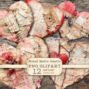 Clip Art de corações de mídia mista, downloads digitais de PNG de textura grunge, colagem vintage chique e surrada, scrapbooking, diário de lixo, dia dos namorados