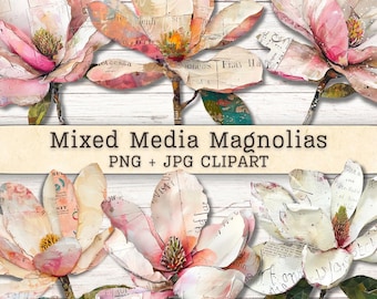 Mixed Media Magnolias Flowers Clipart, Grunge Texture Distressed PNG + JPG Instant Download, Painted Collage Junk Journaling Digital Supply