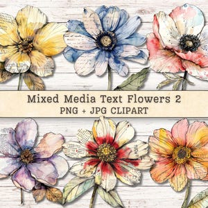 Mixed Media Flowers 2 Clipart, Text Watercolor Grunge Distressed  PNG JPG Instant Downloads, Ink Collage Style Junk Journal Digital Supplies