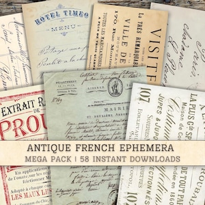 Antikes französisches Ephemera Digital-Papier, Handschrift druckbares Vintage Junk-Journal, Collage-Hintergründe, Sammelalbum, altes Journaling