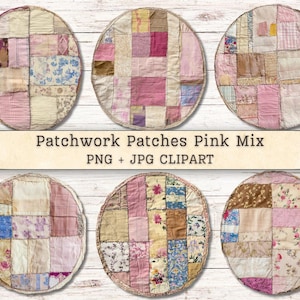 Patchwork Patches Clipart, Folk Art Pink Sewn PNG JPG Digital Downloads, Threads Vintage Collage, Scrapbooking, Junk Journal, Printable