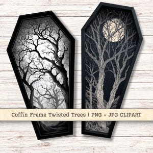 Kistartram Twisted Trees Clipart, Halloween Full Moon-ramar direktnedladdning, mörkt collage skräpjournal PNG + JPG skog digitala material