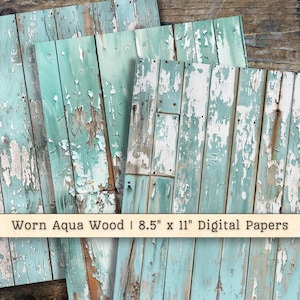 Papel digital desgastado de madera color aguamarina, descargas imprimibles desgastadas, textura de collage para álbum de recortes, fondo de pintura grunge desconchada, diario basura