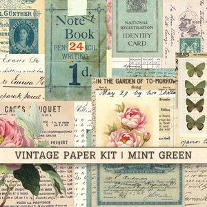 Vintage Papier Kit Mintgrün, digitaler Download, druckbare Collage Sheets, antikes Ephemera Papier, Scrapbooking Junk Journal Hintergründe