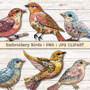 Clipart de pássaros bordados, download digital de arte popular costurada, suprimentos para diário com lantejoulas brilhantes e brilhantes, fundos de colagem para scrapbooking
