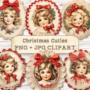 Clipart de meninas fofas de Natal, download digital, bonecas antigas, PNG + JPG costurado à mão, diário de colagem de scrapbook, artesanato em papel com corte exigente