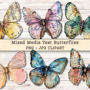 May include: A collection of watercolor butterflies with wings featuring text overlays. The butterflies display a variety of colors, including yellow, pink, blue, and green. The image includes the text "Mixed Media Text Butterflies PNG + JPG CLIPART".