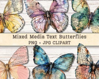 Mixed Media Butterflies Clipart Text Watercolor Grunge Distressed PNG + JPG Instant Download Ink Collage Style Junk Journal Digital Supplies