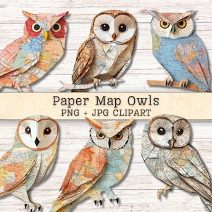 Imágenes prediseñadas de búhos para mapas de papel, aves de técnica mixta en formato PNG y JPG (descargas instantáneas), imágenes estilo collage de origami, suministros digitales para diarios creativos.