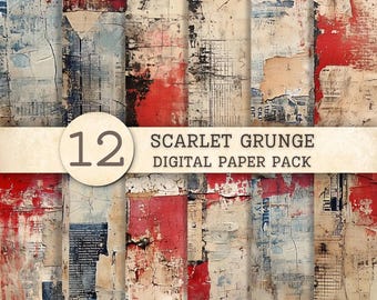 May include: A digital paper pack featuring 12 vertical panels with a distressed, layered texture in shades of scarlet red, cream, and black. The design incorporates torn paper effects, weathered paint, and vintage typography elements throughout.