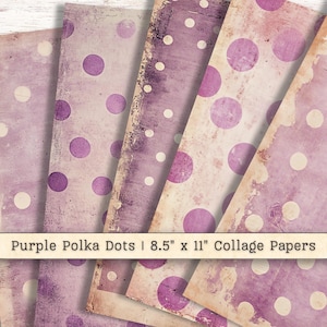 Papel digital con lunares, descargas imprimibles en color morado, paquete de texturas para álbumes de recortes con collage, arte en técnica mixta, fondo para diario basura