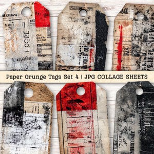 Paper Grunge Tags Clipart Set 4, Ephemera Distressed JPG Instant Downloads, Red White Text Collage Scrapbook Junk Journal Digital Supplies