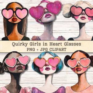 May include: Illustration of six stylized portraits of women wearing heart-shaped sunglasses. The sunglasses are pink and the women have different skin tones and hairstyles. The text "Quirky Girls in Heart Glasses PNG + JPG CLIPART" is also present.