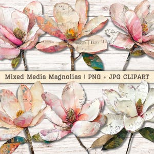 Magnolie Kwiaty Klipart, Grunge Tekstura Zniszczone PNG + JPG Natychmiastowe Pobieranie, Malowany Kolaż Junk Journaling Cyfrowe Zaopatrzenie