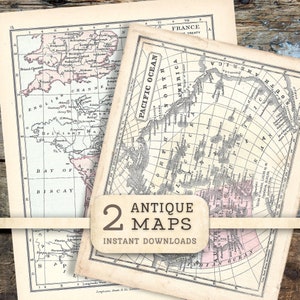 2 mapas antigos digitalizados, papel digital, suprimentos para diário vintage imprimíveis, fundos de colagem, álbum de recortes, páginas antigas de itens efêmeros para diário