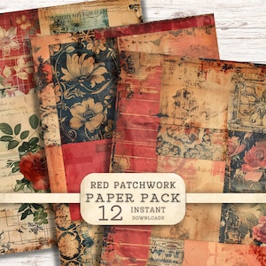 Carta digitale patchwork shabby grunge, carta testurizzata stampabile per collage e scrapbooking, rosso, ruggine, arte multimediale, sfondo, diario spazzatura